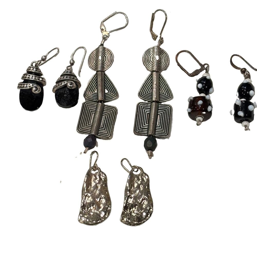 Lot of 4 Artisan Statement Dangle Earrings Abstract Mixed Media Silver Tone